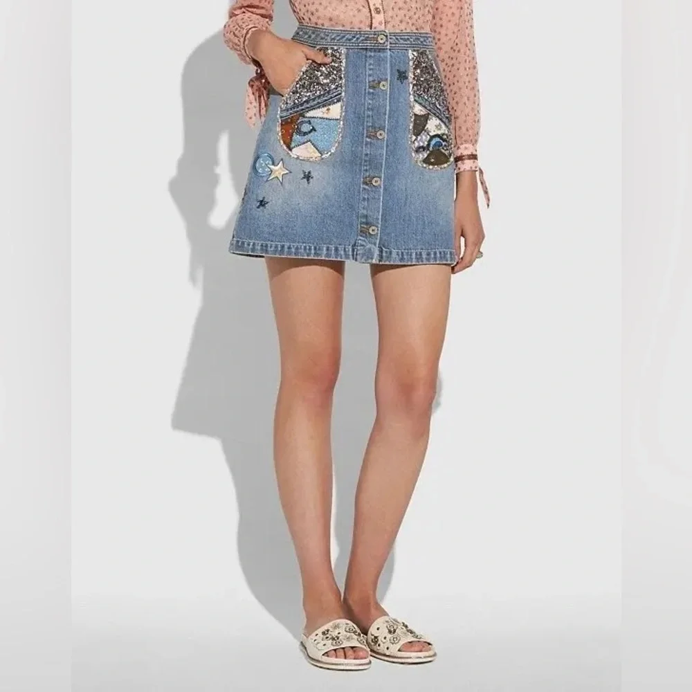 Coach NWOT 100% Cotton Denim Patchwork Button Up Sequin Embroidery Skirt- Size 4 - Picture 2 of 13